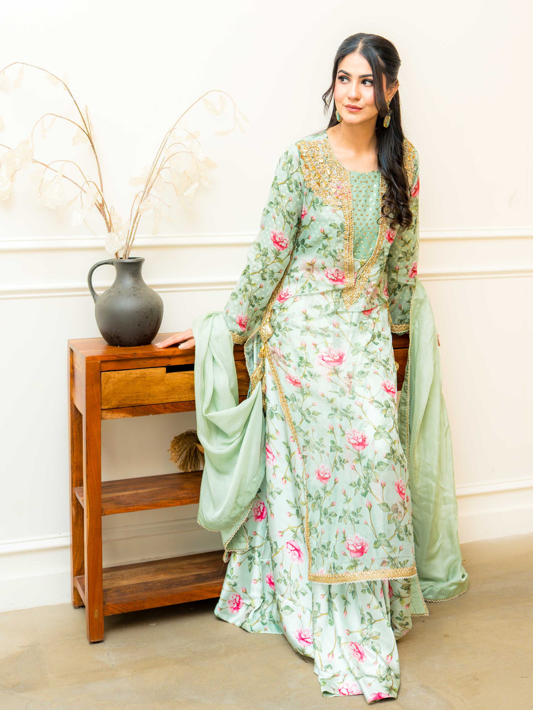 Gulab — mint green and pink floral printed silk layered outfit with gold zardozi neckline, full front view