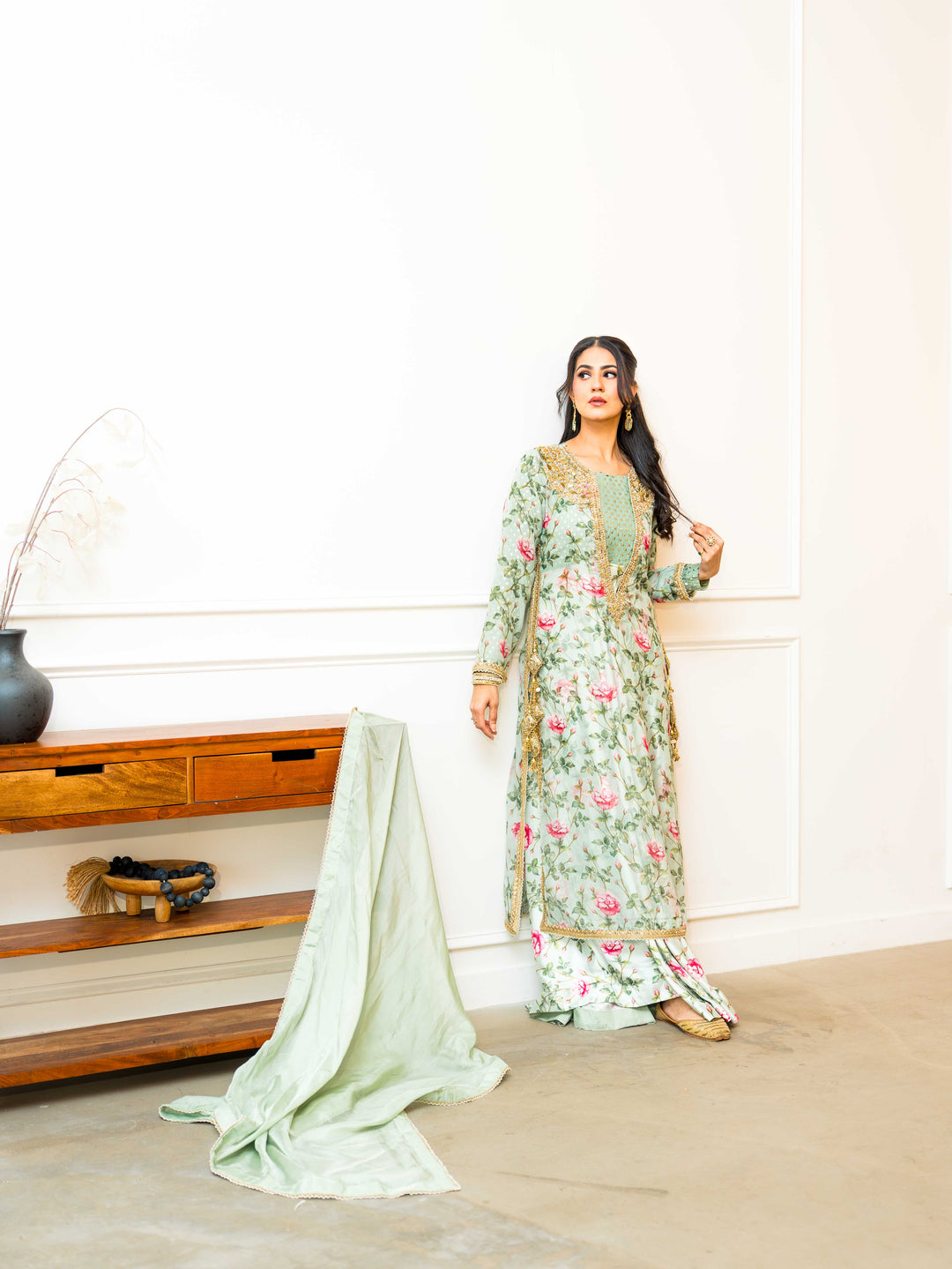Gulab — printed floral silk kameez with cotton silk trousers, side view