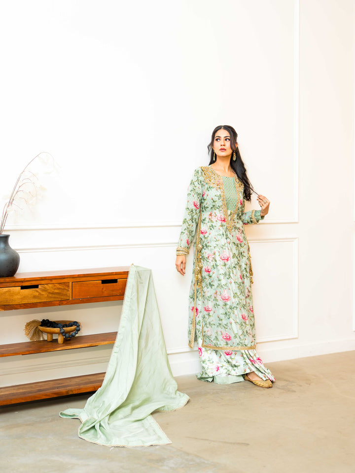 Gulab — printed floral silk kameez with cotton silk trousers, side view