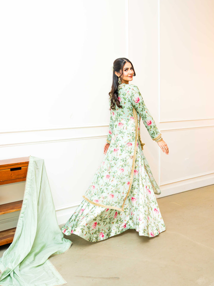 Gulab — printed medium silk outer coat over floral inner with gota chaak embroidery and tassels, full length view