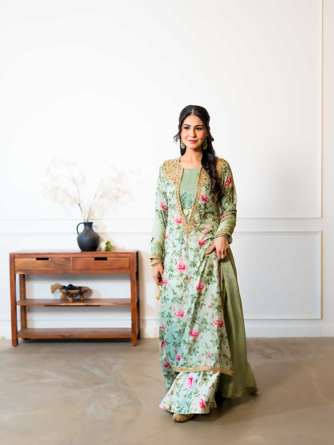 Gulab — layered printed silk ensemble with dupatta draped, back view