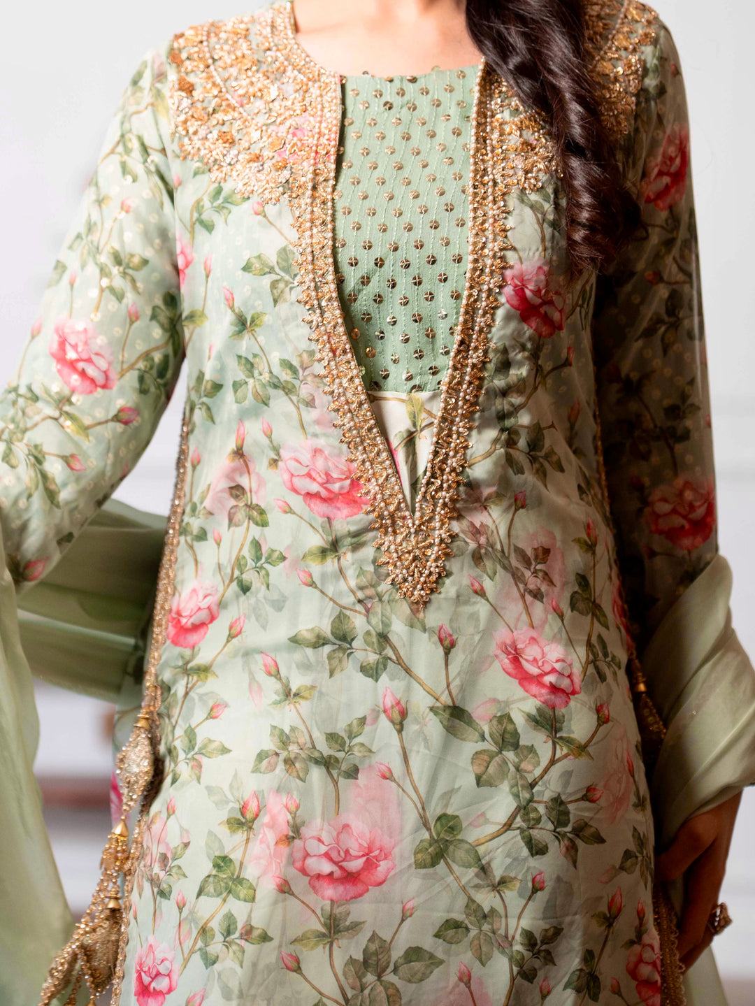 Gulab — mint floral silk ensemble with matching trousers and medium silk dupatta, 3/4 angle view