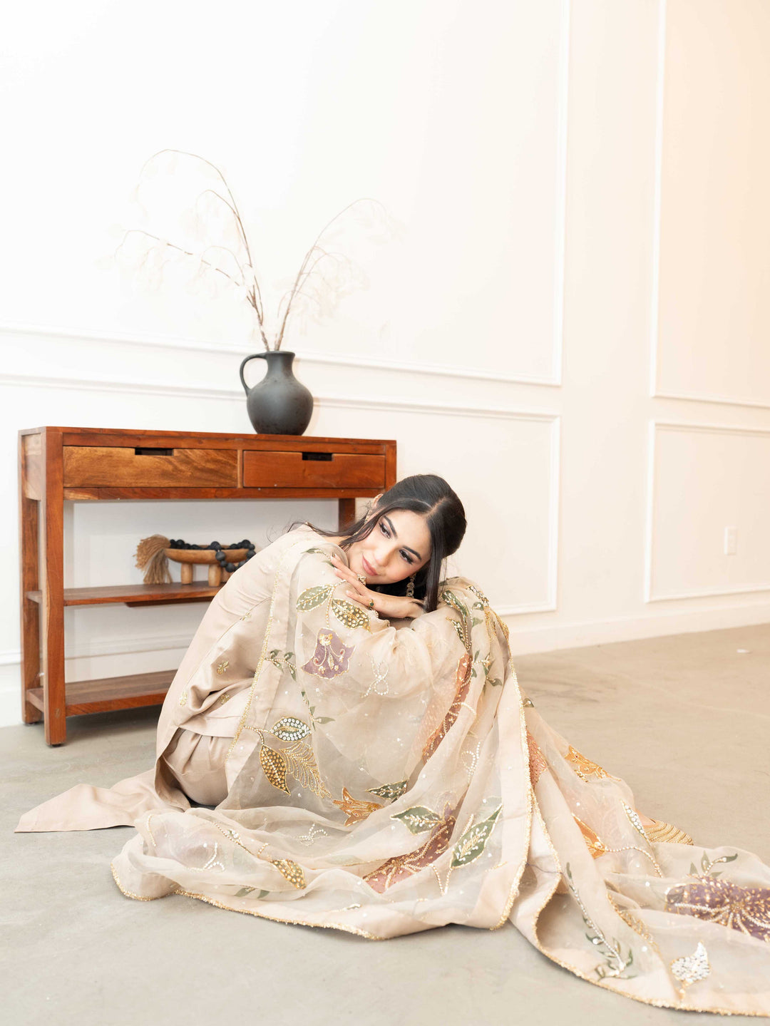 Faryal — beige raw silk ensemble with zardozi and pitta work dupatta, full length side view