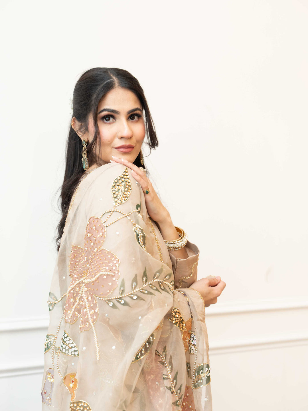 Faryal — beige raw silk kameez with zardozi bow embroidery on daman, full length front view