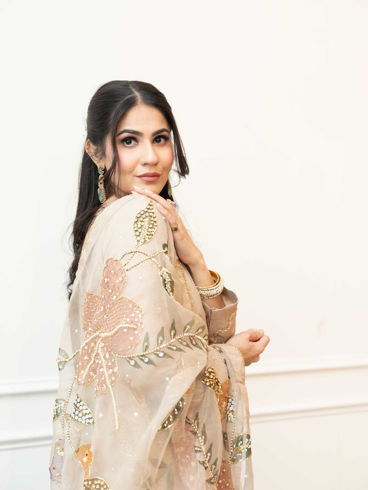 Faryal — beige raw silk kameez with zardozi bow embroidery on daman, full length front view